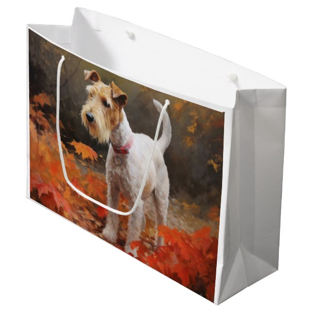 Grand Sac Cadeau Wirefox Terrier en Feuilles d'Automne Tomber Inspi (Devant Angle)