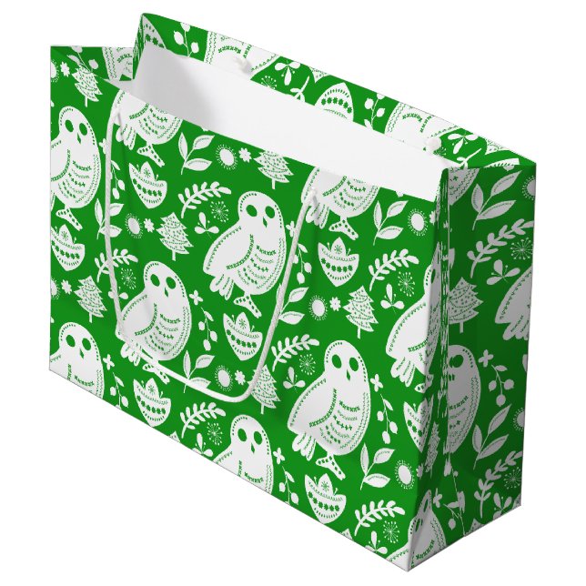 Grand Sac Cadeau Wise Owl Folk Art Green Holiday (Devant Angle)