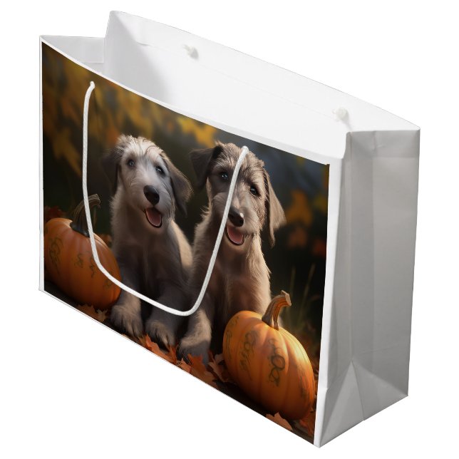 Grand Sac Cadeau Wolfhound Chiot Automne Citrouille de plaisir (Devant Angle)