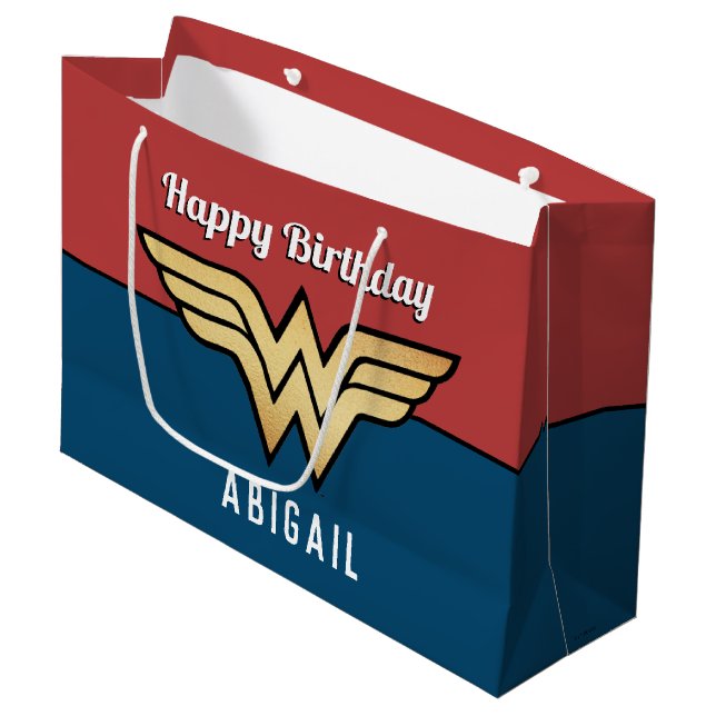 Grand Sac Cadeau Wonder Woman Golden Logo | Joyeux anniversaire (Devant Angle)