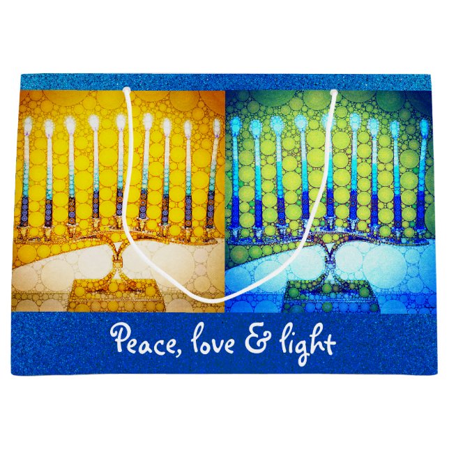 Grand Sac Cadeau Yellow Blue Peace Love Light Hanoukka Menorahs (Devant)
