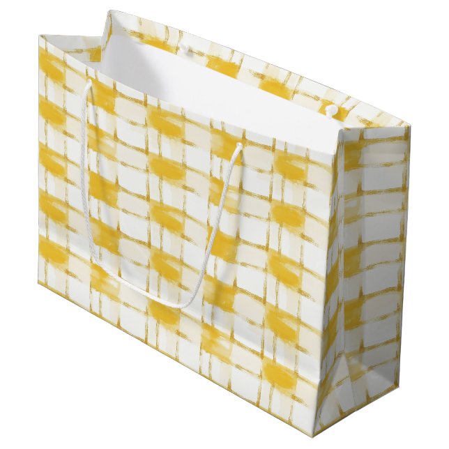 Grand Sac Cadeau Yellow White Plaid Stripes Birthday (Devant Angle)