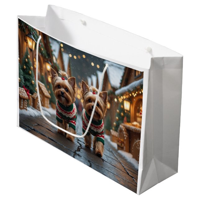 Grand Sac Cadeau Yorkipoo Dogs Christmas Snow Holiday (Devant Angle)