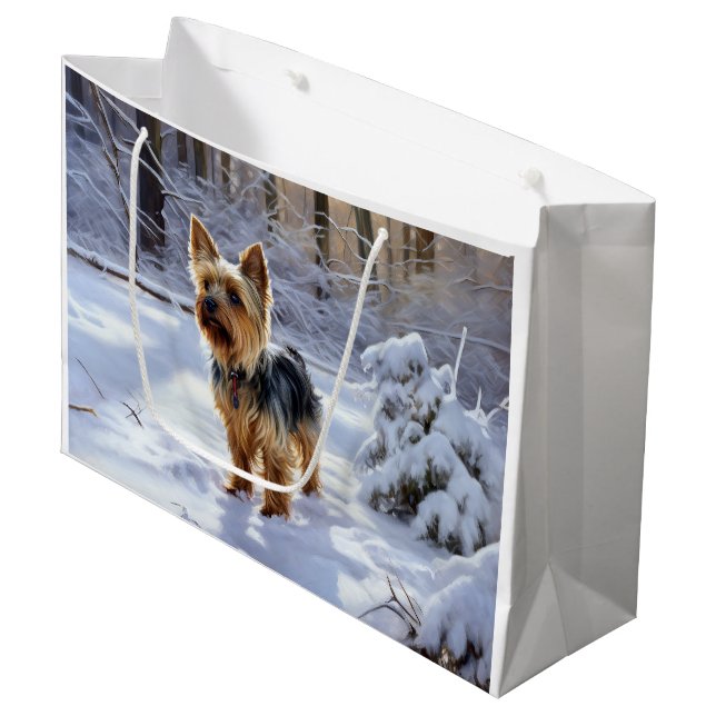 Grand Sac Cadeau Yorkshire Terrier Laisser Neige Noël (Devant Angle)