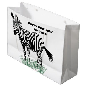 Grand Sac Cadeau Zèbre noir et blanc dans l'herbe