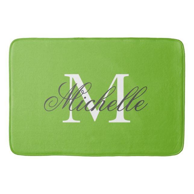 Grand tapis de bain vert pomme avec monogramme de  (Devant)