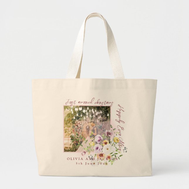 Grand Tote Bag 1 Photo Newlyweds 1st Married Christmas Pink Text (Devant)