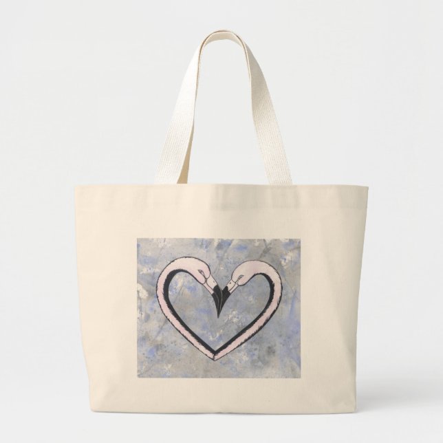 Grand Tote Bag 2 Flamant rose baiser coeur sur bleu (Devant)