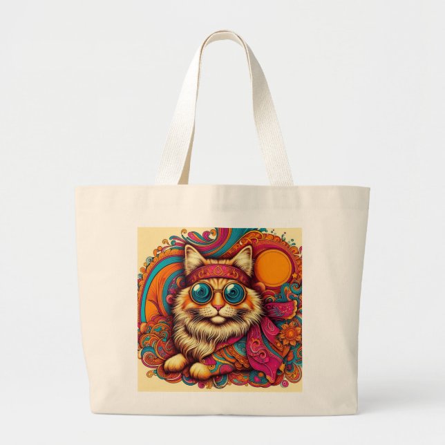 Grand Tote Bag 70's psychedelic cat (Devant)