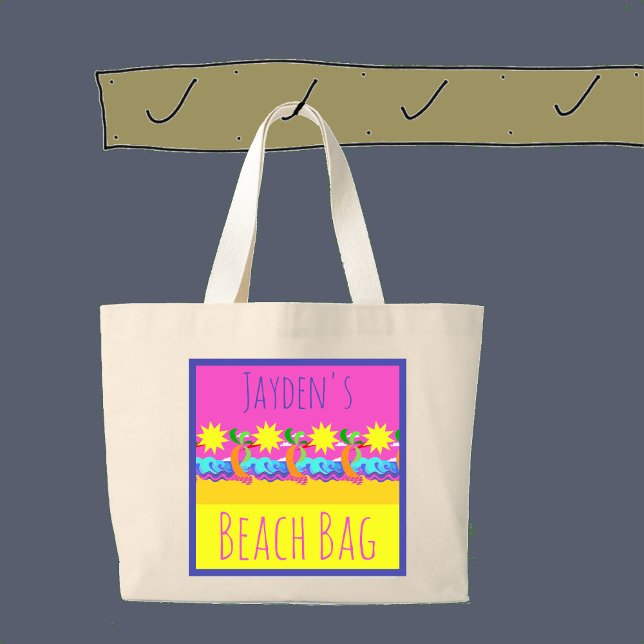 Grand Tote Bag A la plage, soleil tropical, votre nom et vos mots (Créateur téléchargé)