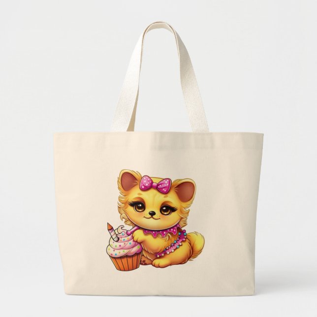 Grand Tote Bag adorable chiot d'anniversaire avec cupcake (Devant)