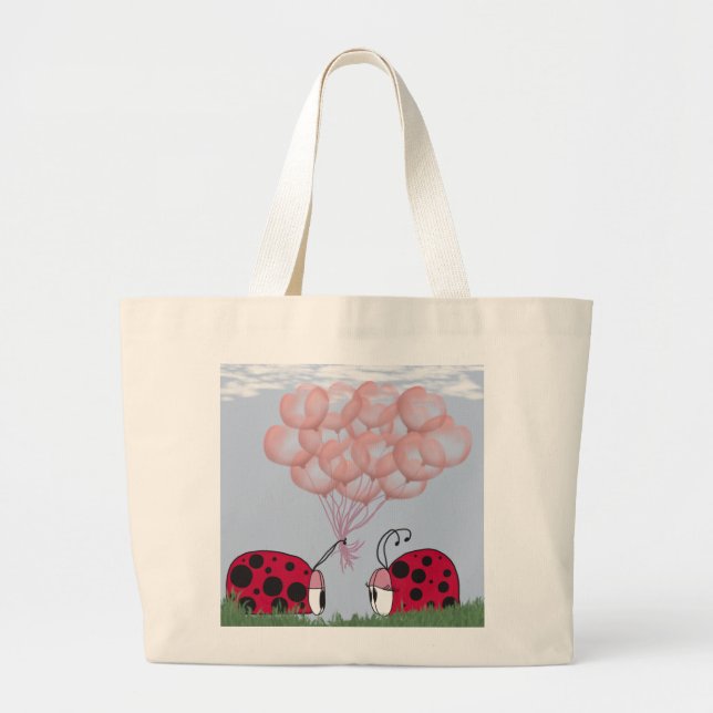Grand Tote Bag Adorable Ladybug Avec Joli Bouquet De Balloon Rose (Devant)