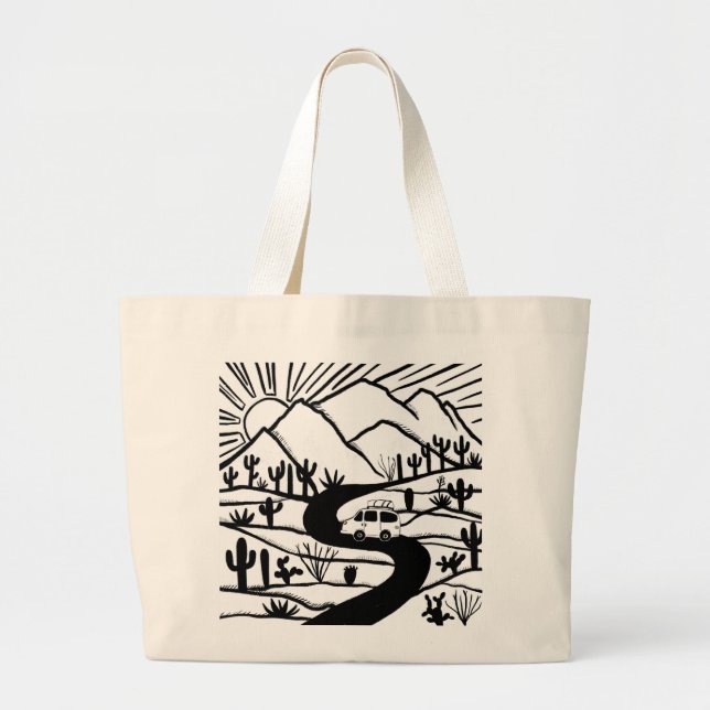 Grand Tote Bag Allons camper ! Camper Vanlife Desert Mountains (Devant)