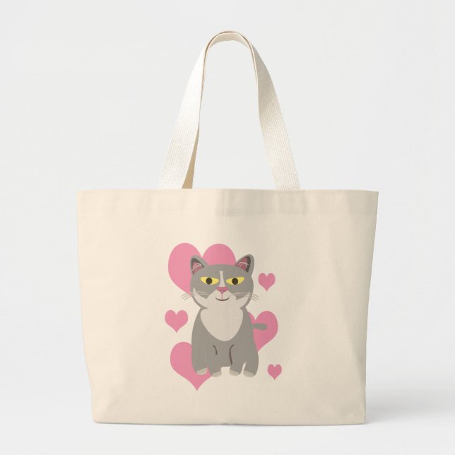 Grand Tote Bag Alors mignonne Gray Chat Love Cartoon (Devant)