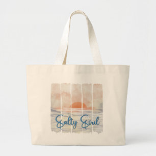 Grand Tote Bag Âme Salée Rétro Coucher de Soleil Aquarelle Plage