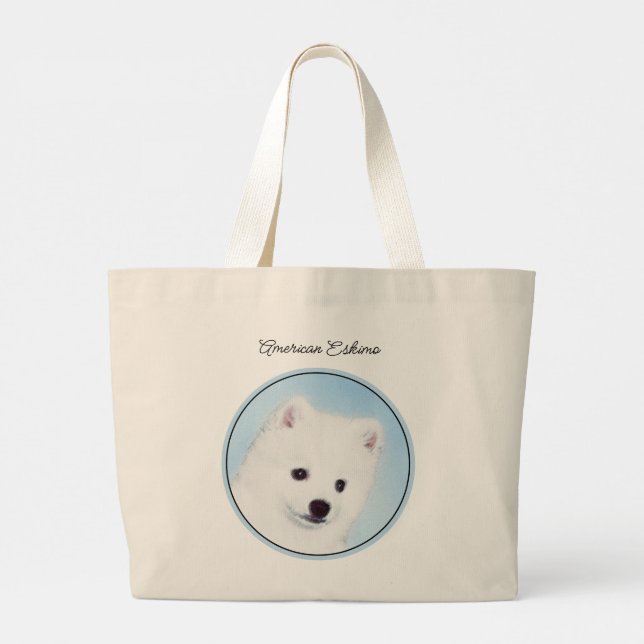 Grand Tote Bag American Eskimo Eskie Puppy Peinture Cute Chien Ar (Dos)