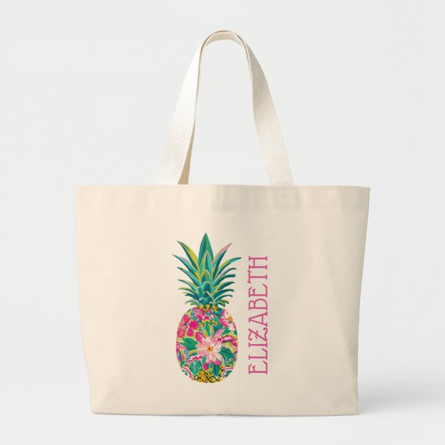 Grand Tote Bag Ananas Floral Tropical Rose et Vert (Devant)
