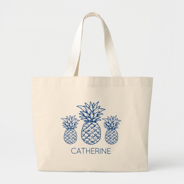 Grand Tote Bag Ananas tropical bleu Preppy Navy Personnalisé (Devant)