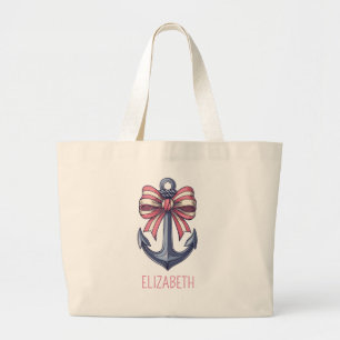 Grand Tote Bag Ancre bleu marine avec arc à rayures rouge et blan