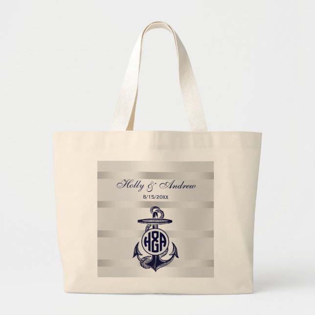 Grand Tote Bag Ancre Bleue Argent Blanc Cercle Marine Monogramme  (Devant)