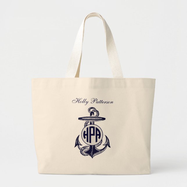 Grand Tote Bag Ancre Bleue Argent Blanc Cercle Marine Monogramme  (Devant)