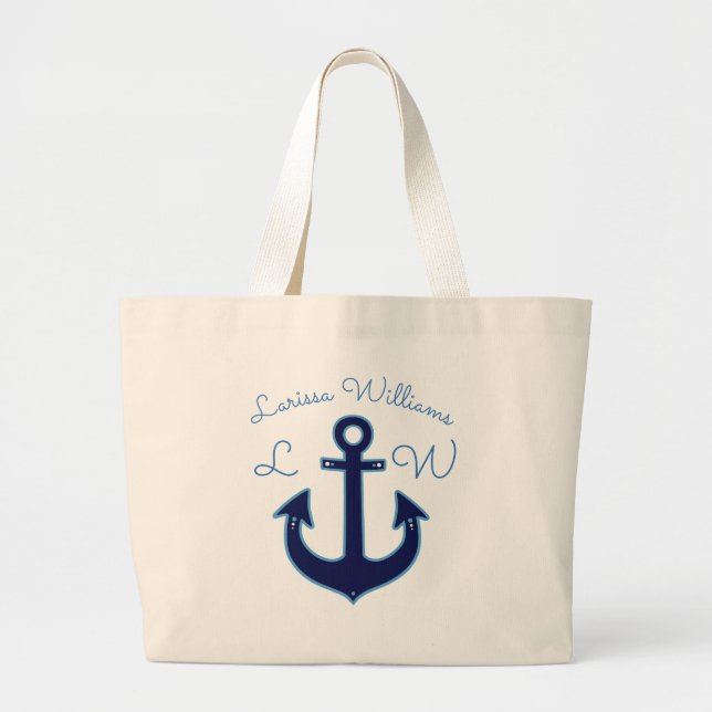 Grand Tote Bag ancre bleue avec nom et initiales nautique (Devant)