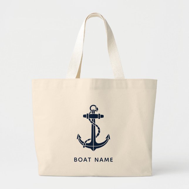 Grand Tote Bag Ancre nautique Nom du bateau bleu marine Personnal (Devant)