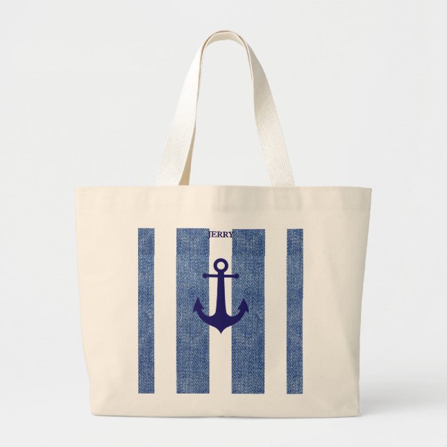 Grand Tote Bag Ancre par bandes Denim (Devant)