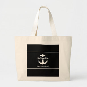 Grand Tote Bag Ancre personnalisée Nom du bateau noir Emplacement