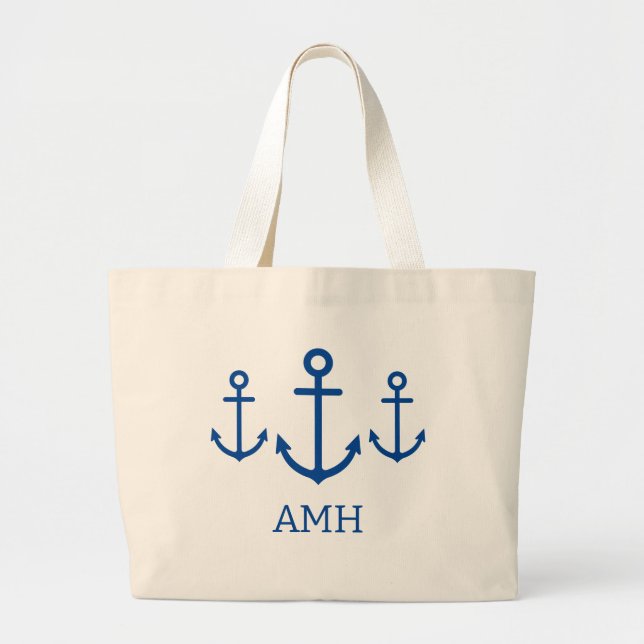 Grand Tote Bag Ancres simples bleu et blanc Monogramme (Devant)