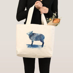 Grand Tote Bag Animaux de ferme de bleu de cobalt - moutons