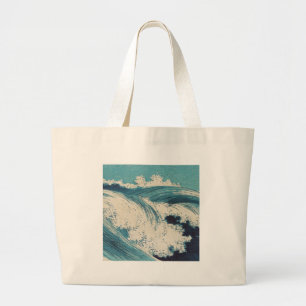 Grand Tote Bag Antique Japonais Bleu Vagues Océan Imprimer