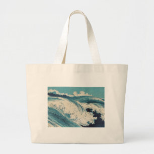 Grand Tote Bag Antique Japonais Bleu Vagues Océan Imprimer