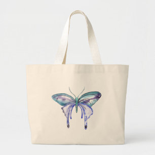 Grand Tote Bag aquarelle bleu bleu pourpre papillon