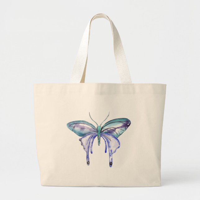 Grand Tote Bag aquarelle bleu bleu pourpre papillon (Devant)