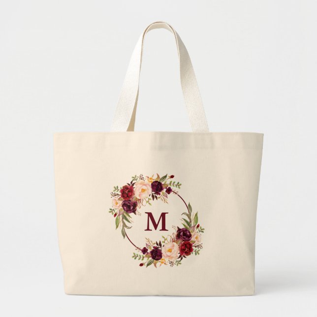 Grand Tote Bag Aquarelle Bourgogne Floral Monogramme de couronne (Devant)
