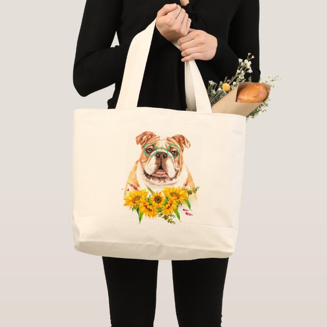 Grand Tote Bag Aquarelle Bulldog & Sunflower (Devant (produit))