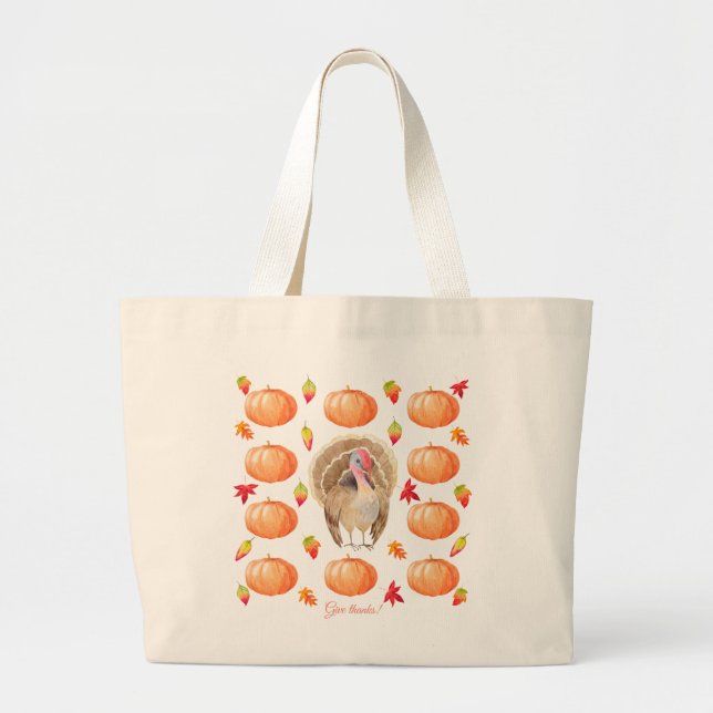Grand Tote Bag Aquarelle Citrouille Turquie Motif Thanksgiving (Devant)