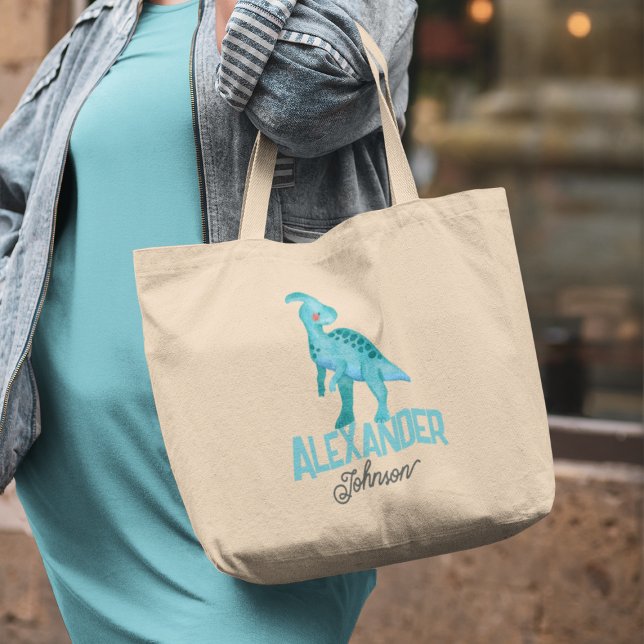 Grand Tote Bag Aquarelle Dinosaure bleu avec Enfants Nom Garderie (Créateur téléchargé)