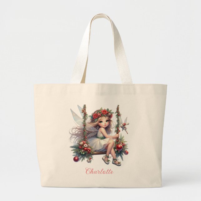 Grand Tote Bag Aquarelle Fée de Noël | Nom personnalisé (Devant)