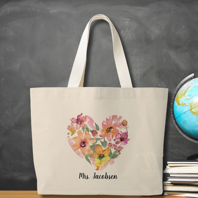 Grand Tote Bag Aquarelle Fleur Coeur Appréciation de l'enseignant (Watercolor Flower Heart Teacher Appreciation Large Tote Bag
)