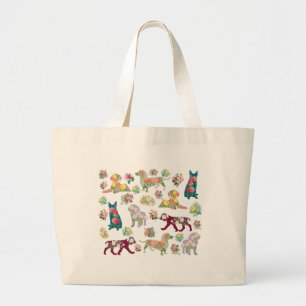 Grand Tote Bag Aquarelle Fleurs & Chiens Motif