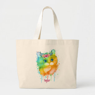 Grand Tote Bag Aquarelle Pet Chat avec fleurs