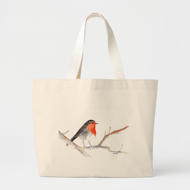 Grand Tote Bag Aquarelle Robin Oiseau festif de Noël (Devant)