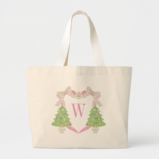 Grand Tote Bag Aquarelle rose Arbre de Noël Monogramme Crest (Devant)