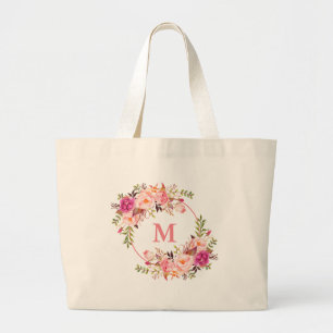 Grand Tote Bag Aquarelle rose Floral Wreath Monogram