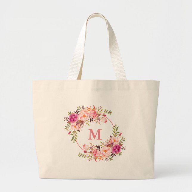 Grand Tote Bag Aquarelle rose Floral Wreath Monogram (Devant)