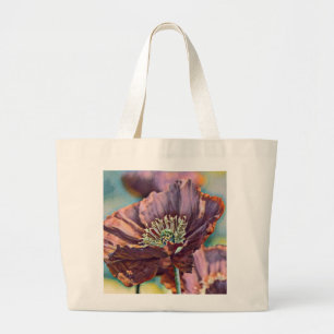 Grand Tote Bag Aquarelle vintage Fleurs de pavot rouge pourpre