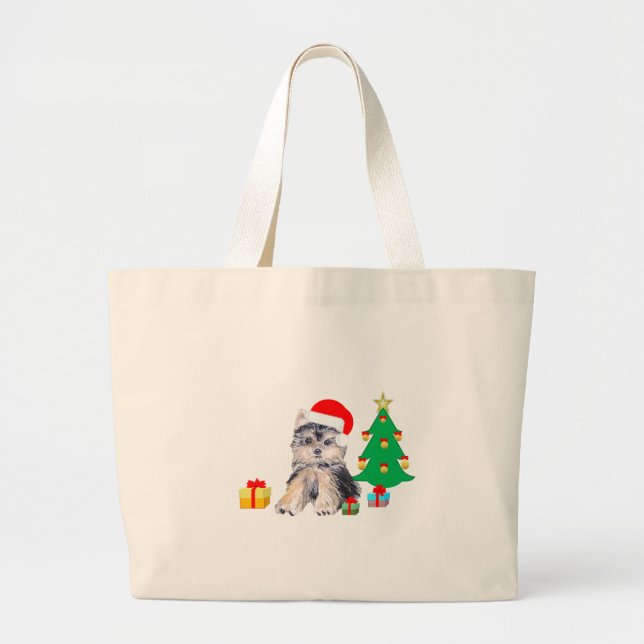 Grand Tote Bag Arbre de Noël, chien chiot et art cadeau (Devant)