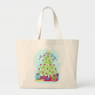 Grand Tote Bag Arbre de Noël et présente Art original Turquoise